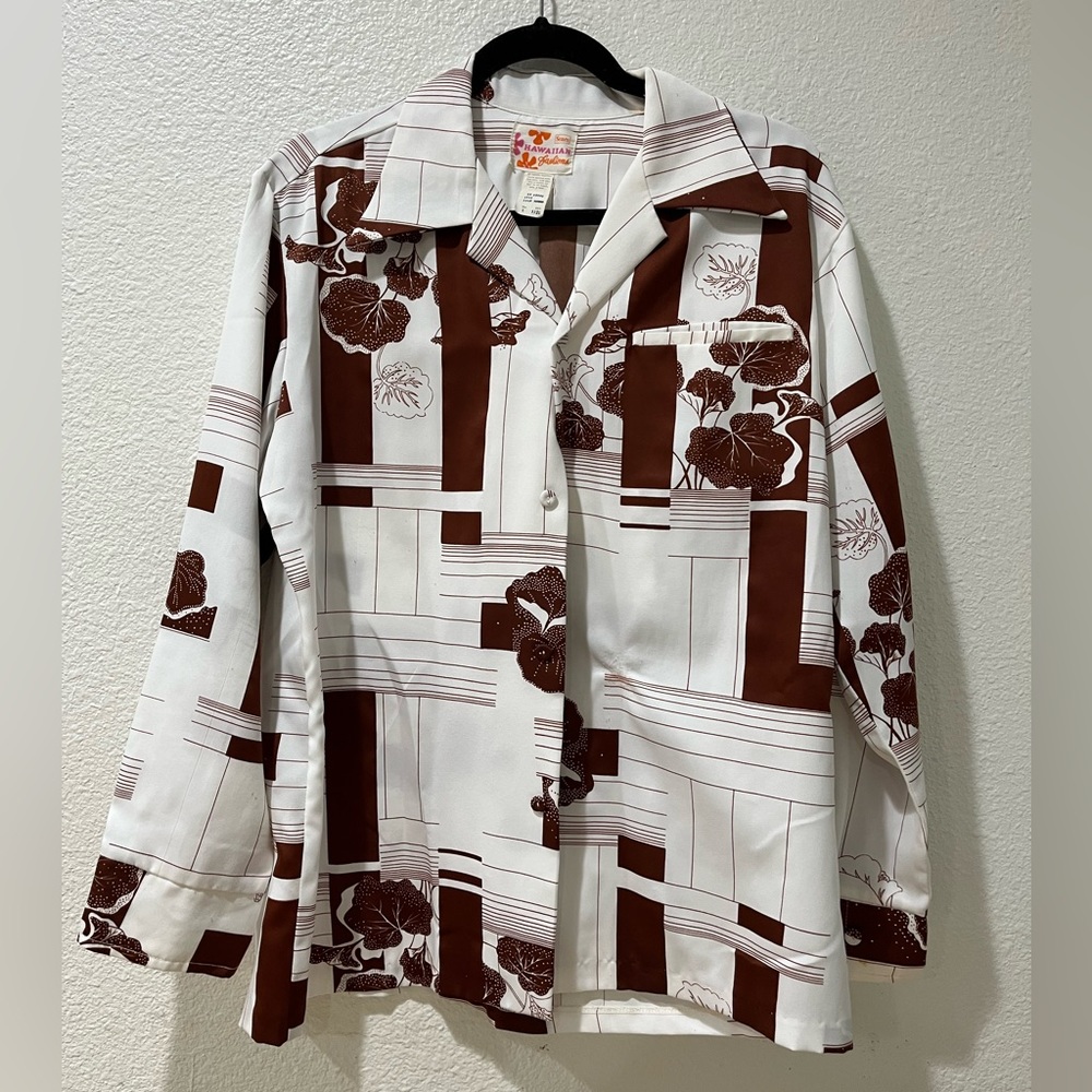 Vintage Polyester Sears (Hawaiian Fashions) Aloha Shirt -Brown With Flowers